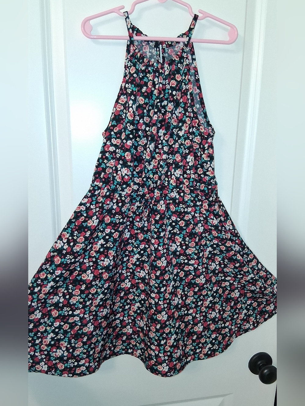 SHEIN Black Floral Halter Skater Dress with Pink & Teal Blooms